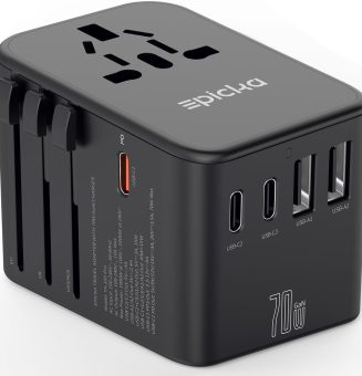 EPICKA Universal Travel Adapter, GaN International Plug Adapter with 3 USB-C 70W PD Fast Charging & 2 USB-A Adaptor All-in-one Wall Charger for USA EU UK AUS (TA-105 Pro, Black)