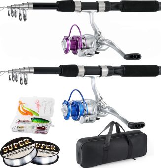 Fishing Pole Combo, 6.9ft 2Pcs Telescopic Rods Set, Collapsible Carbon Fiber Fishing Rods, 2PCS Spinning Reel Set with Carrier Bag Freshwater Fishing Rod and Reel Combos Kits